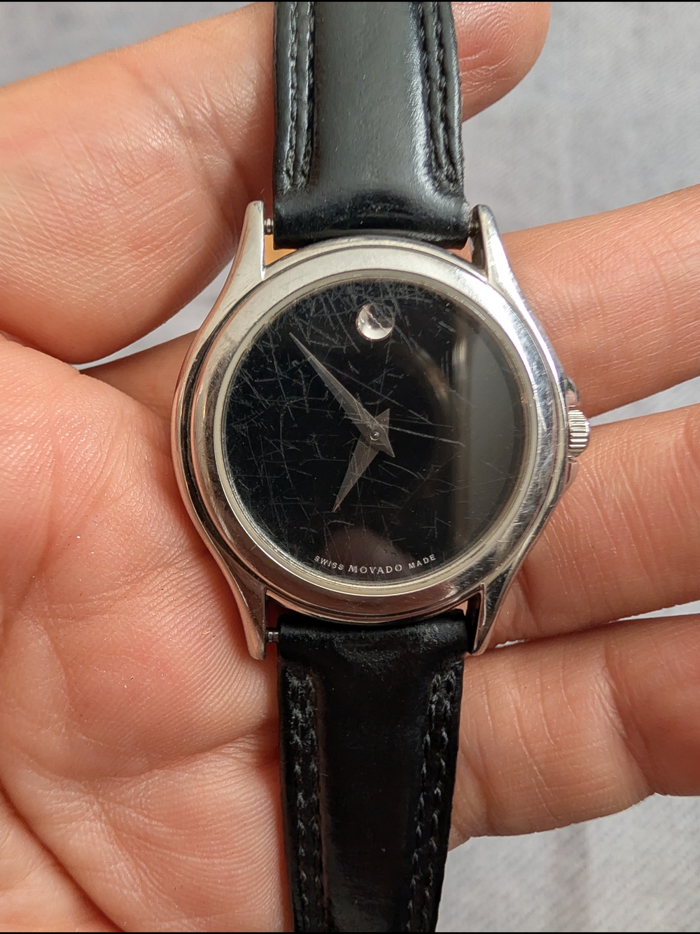 Movado Museum Black Dial Stainless Steel Watch with Black Leather Strap